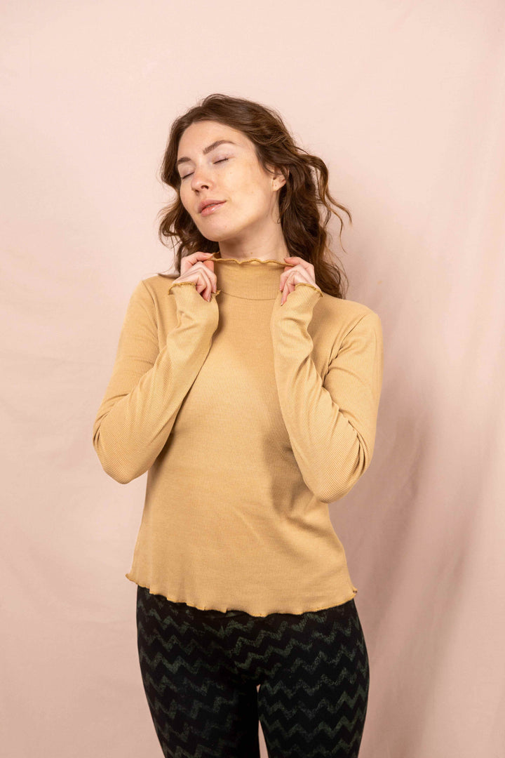 Wintertop, Beige, Stehkragen, Rollkragen, Wintersport, Feinrip Langsleeven, Langärmliges Shirt