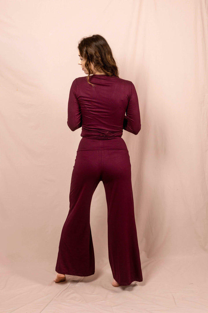Schlaghose, Sporthose, Yogahose mit schlag in Rot / Aubergine, Hose, Set mit Oberteil