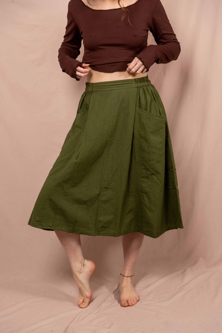 Sommerrock, Mittel Langer Frühlingsrock mit Knöpfen, Vintage Rock in Grün mit Taschen, 100% Baumwolle