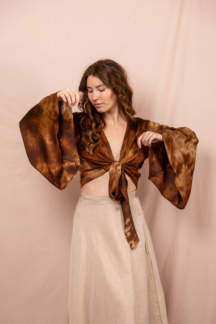 Lässiges Batik Wickeltop, Vintage Wickelbluse, Bluse zum Wickeln, Braunes Top mit langen Ärmeln