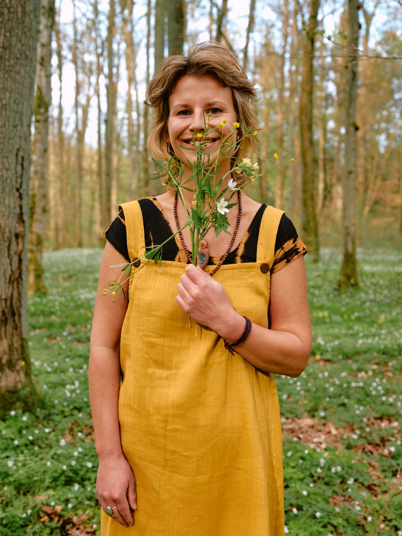 Musselin Kleid SOLEIL in senfgelb. Vintage Sommerkleid in Gelb. 100% Baumwolle.