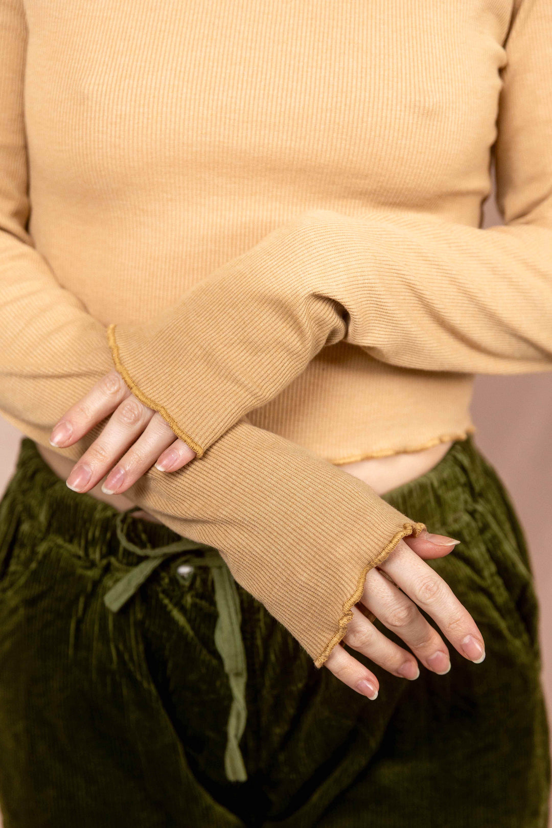 Feinripp Shirt, Longsleeve Top, Langärmlig in Beige