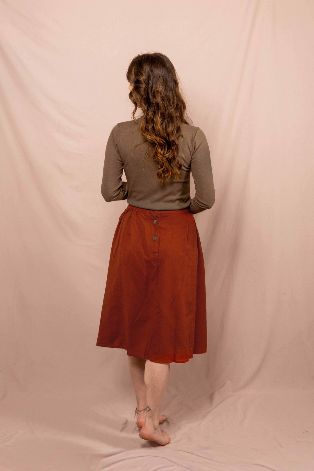 Sommerrock, Mittel Langer Frühlingsrock mit Knöpfen, Vintage Rock in Rost Rot mit Taschen, 100% Baumwolle