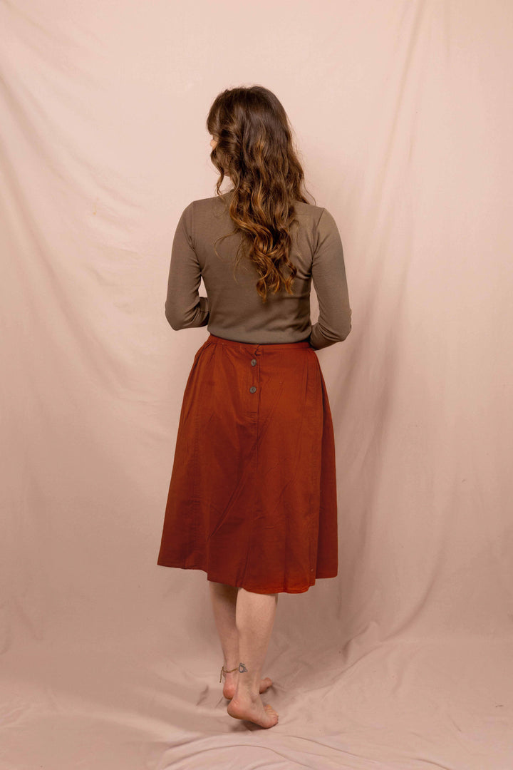 Sommerrock, Mittel Langer Frühlingsrock mit Knöpfen, Vintage Rock in Rost Rot mit Taschen, 100% Baumwolle