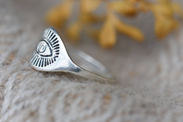 Silberring, Stapelring aus Silber, 925er Sterling Silber, Auge, Sonne, Heilige Geometrie. Statementring.