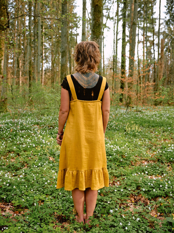 Musselin Kleid SOLEIL in senfgelb. Vintage Sommerkleid in Gelb. 100% Baumwolle.