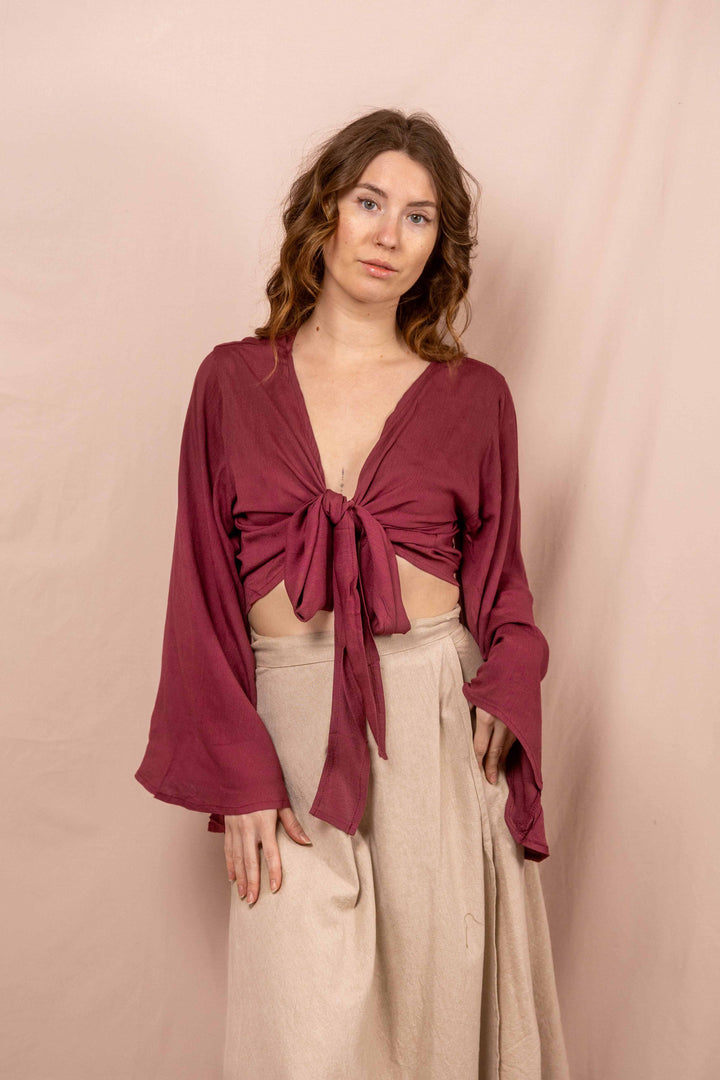 Lässiges Batik Wickeltop, Vintage Wickelbluse in Malve Rot, Bluse zum Wickeln, Top mit langen Ärmeln