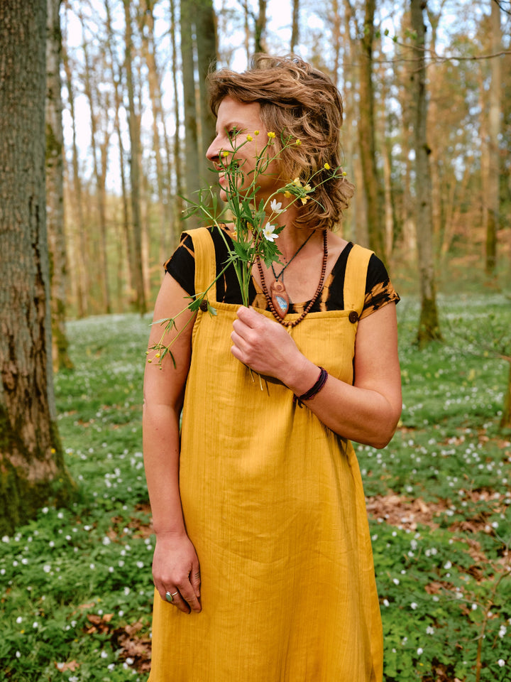 Musselin Kleid SOLEIL in senfgelb. Vintage Sommerkleid in Gelb. 100% Baumwolle.