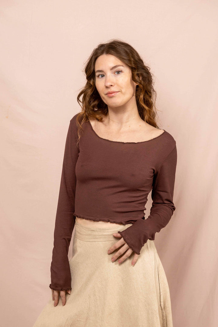 Feinripp Shirt, Longsleeve Top, Langärmlig in Braun