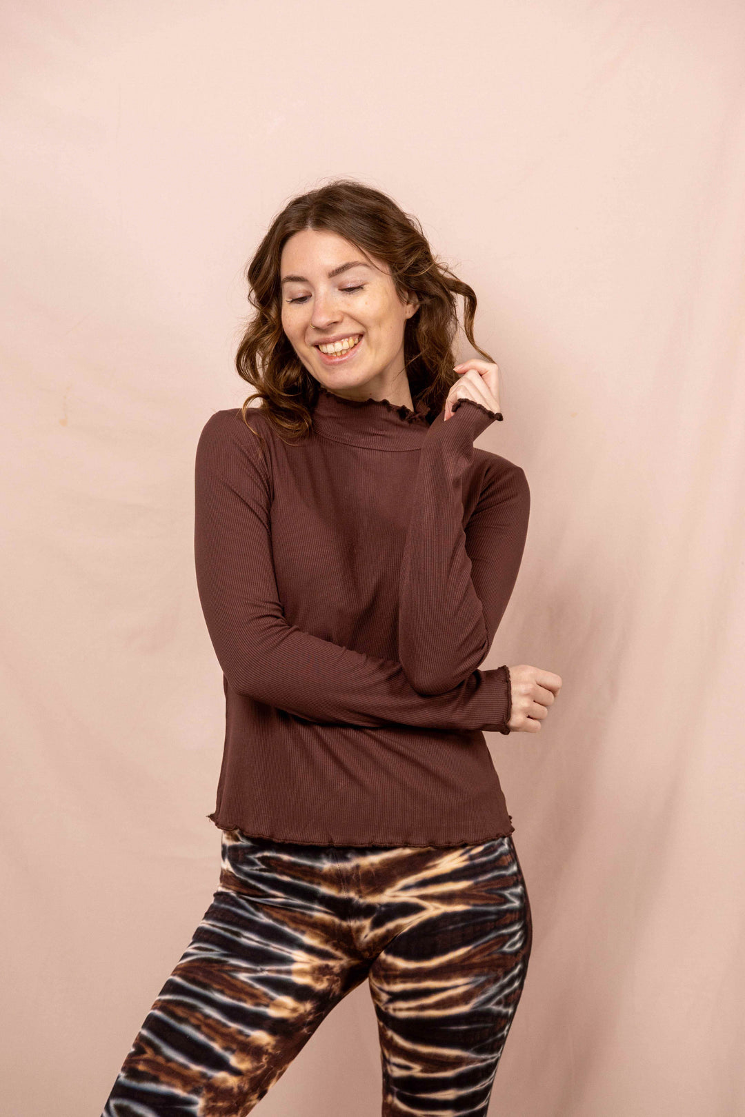 Wintertop, Braun, Stehkragen, Rollkragen, Wintersport, Feinrip Langsleeve