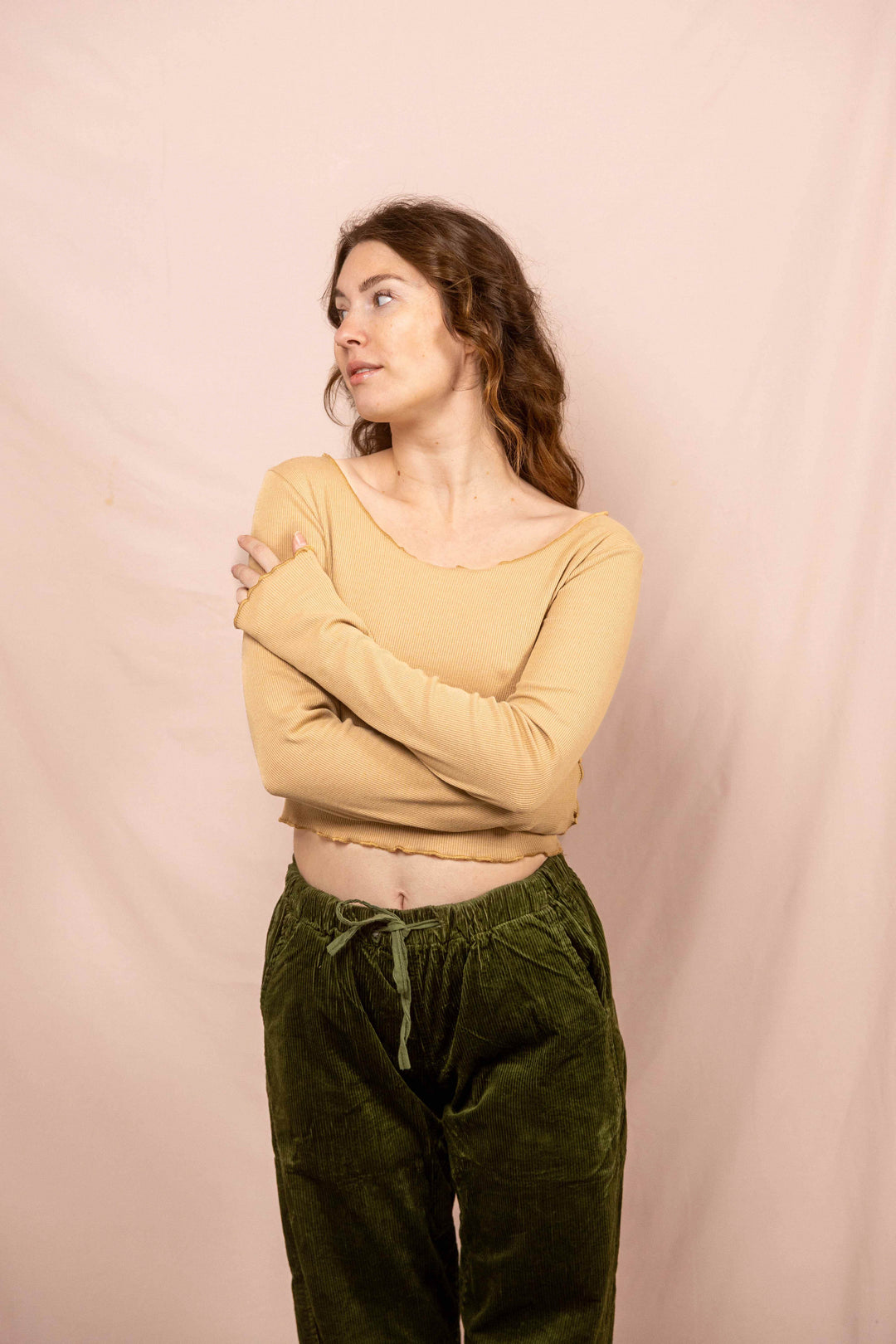 Feinripp Shirt, Longsleeve Top, Langärmlig in Beige