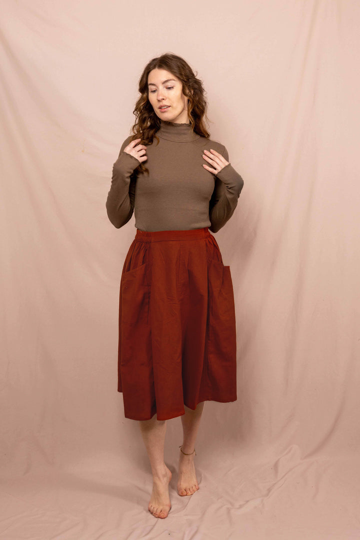 Sommerrock, Mittel Langer Frühlingsrock mit Knöpfen, Vintage Rock in Rost Rot mit Taschen, 100% Baumwolle