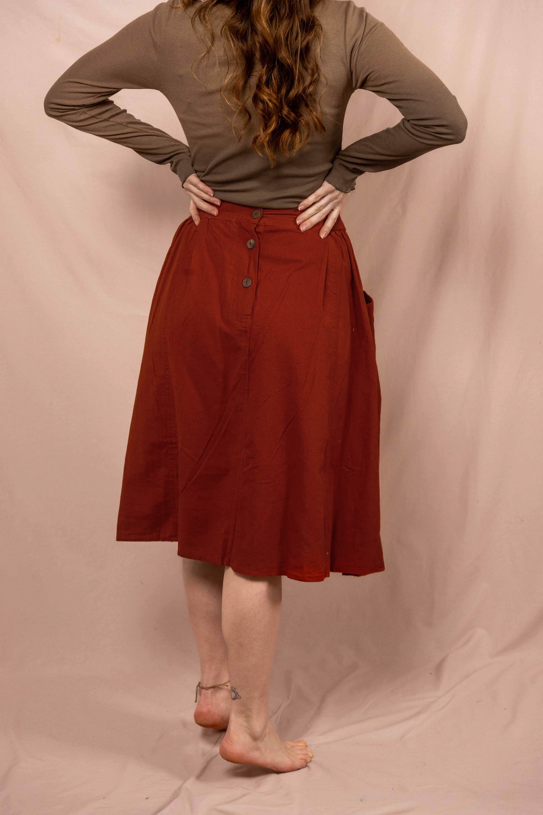 Sommerrock, Langer Frühlingsrock mit Knöpfen, Vintage Rock in Rost Rot mit Taschen, 100% Baumwolle