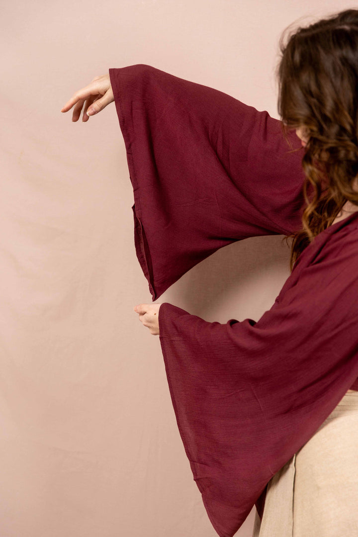 Lässiges Batik Wickeltop, Vintage Wickelbluse in Malve Rot, Bluse zum Wickeln, Top mit langen Ärmeln