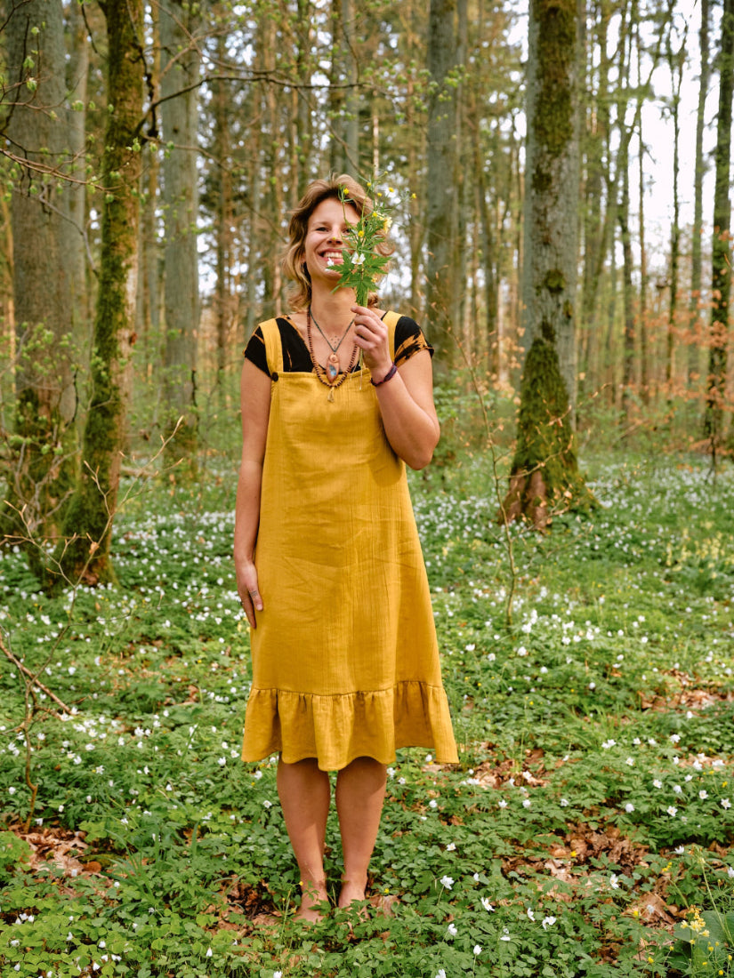 Musselin Kleid SOLEIL in senfgelb. Vintage Sommerkleid in Gelb. 100% Baumwolle.