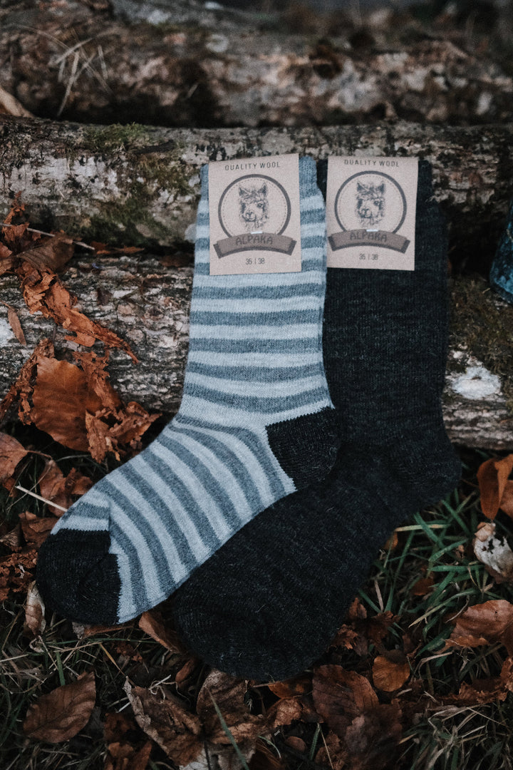 Superwarme Alpaka Socken gestreift grau/grau ~ 2 Paar
