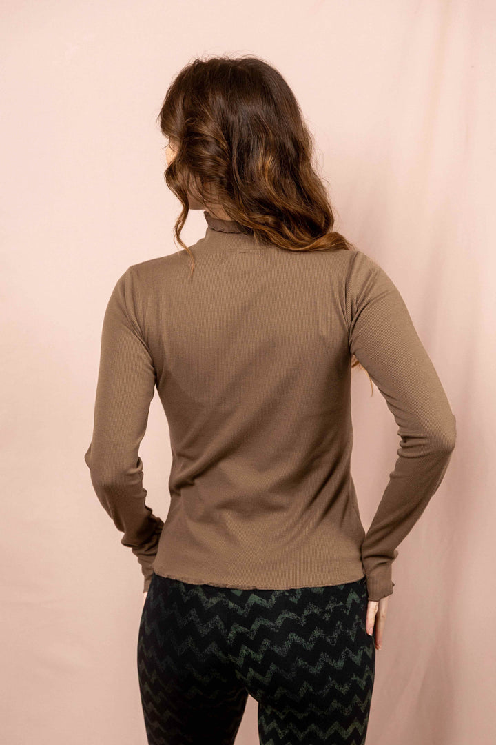 Wintertop, Taupe, Grau Braun, Stehkragen, Rollkragen, Wintersport, Feinrip Langsleeven, Langärmliges Shirt