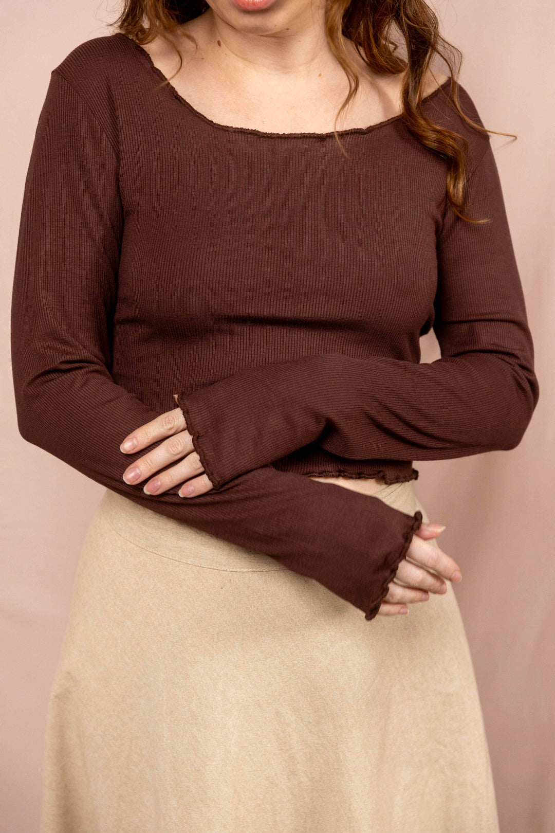 Feinripp Shirt, Longsleeve Top, Langärmlig in Braun