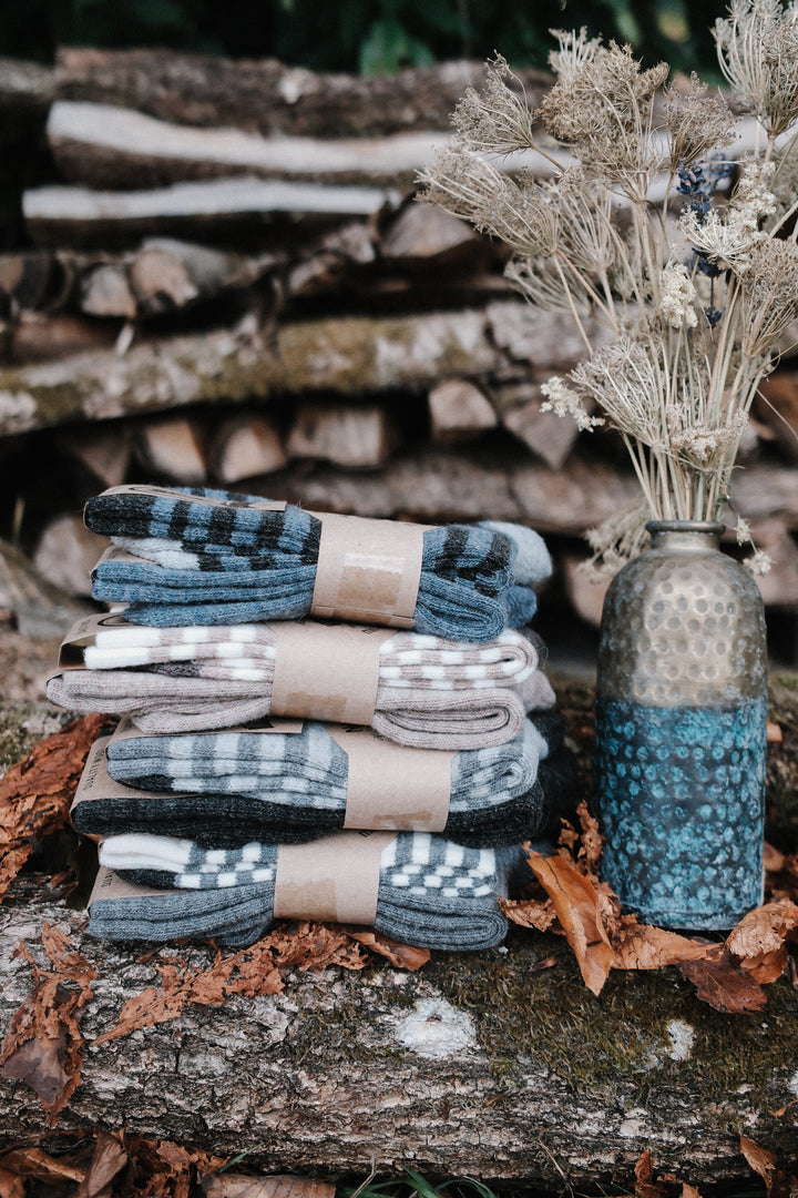 Superwarme Alpaka Socken gestreift blau/grau ~ 2 Paar