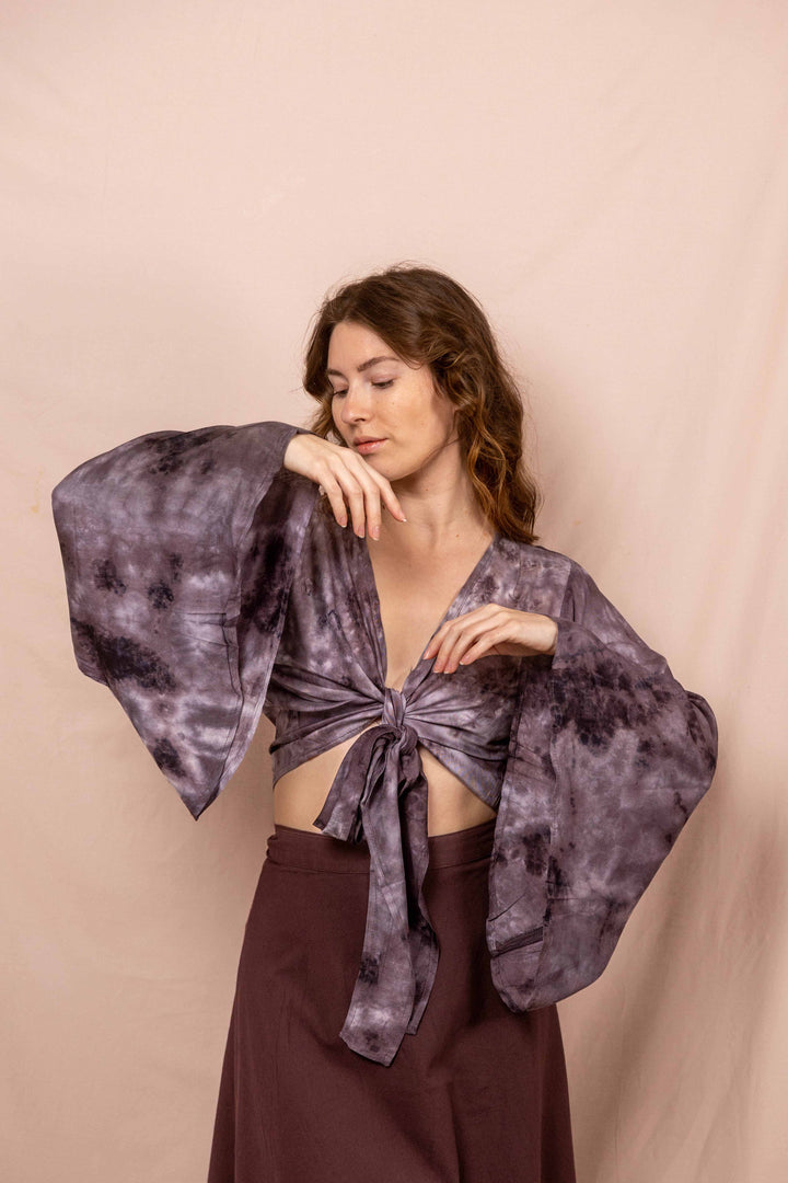 lässige Wickelbluse, Vintage Wickeltop, Top, Bluse in Batik Lila