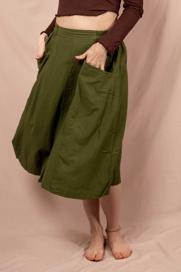 Sommerrock, Mittel Langer Frühlingsrock mit Knöpfen, Vintage Rock in Grün mit Taschen, 100% Baumwolle