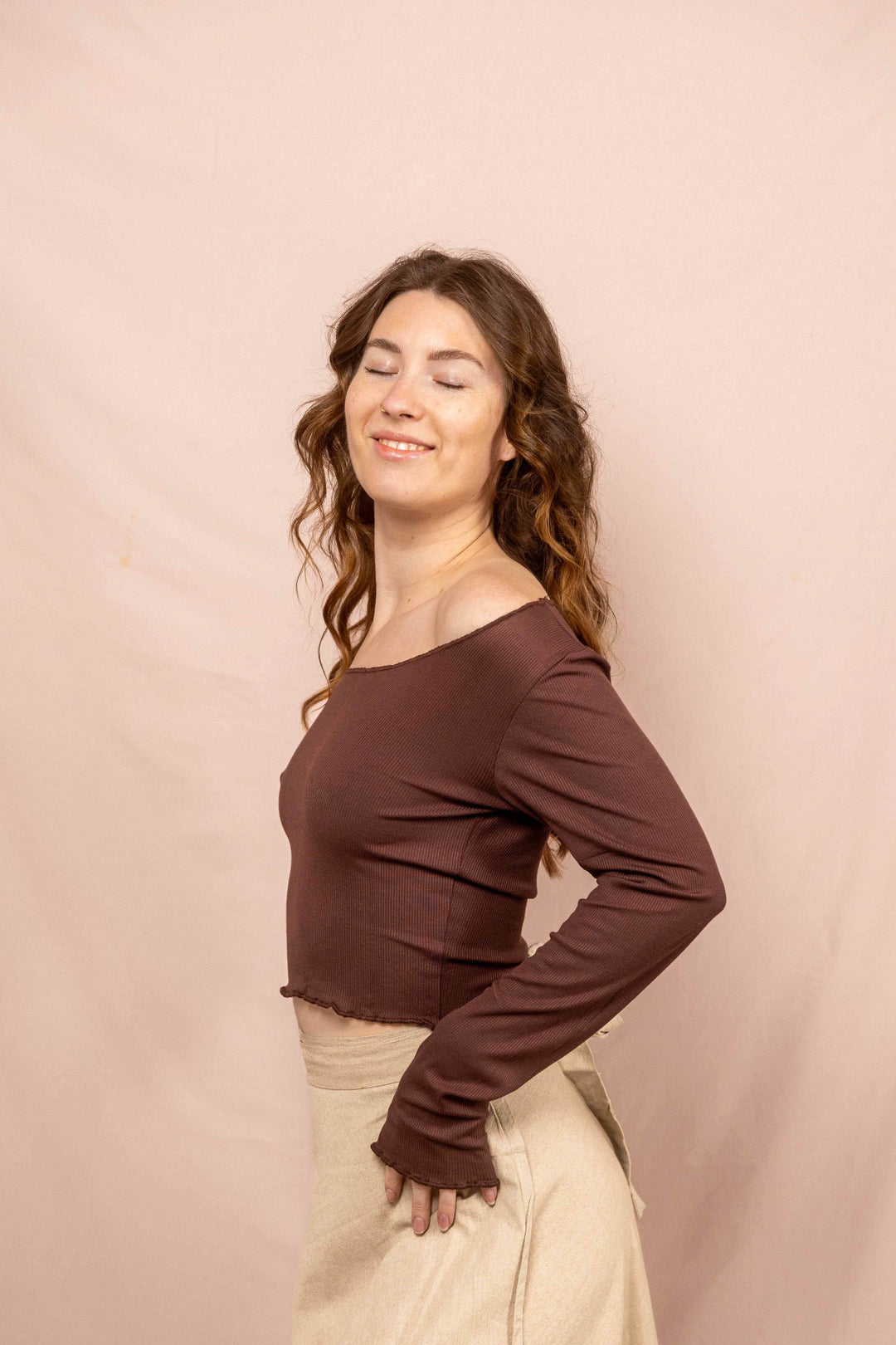 Feinripp Shirt, Longsleeve Top, Langärmlig in Braun