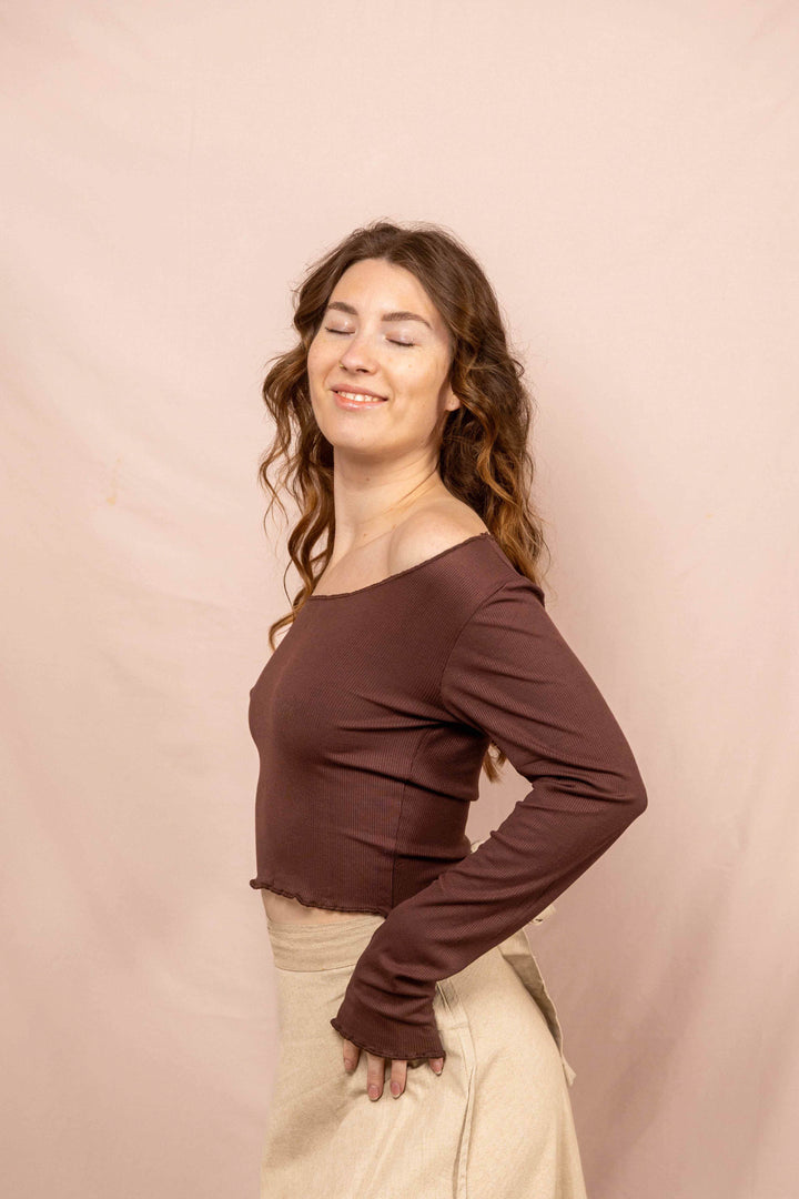 Feinripp Shirt, Longsleeve Top, Langärmlig in Braun