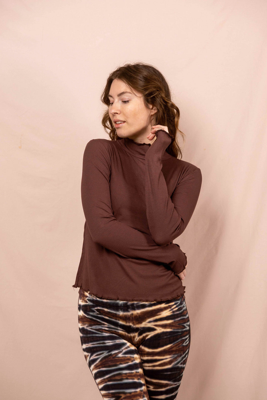Wintertop, Braun, Stehkragen, Rollkragen, Wintersport, Feinrip Langsleeve