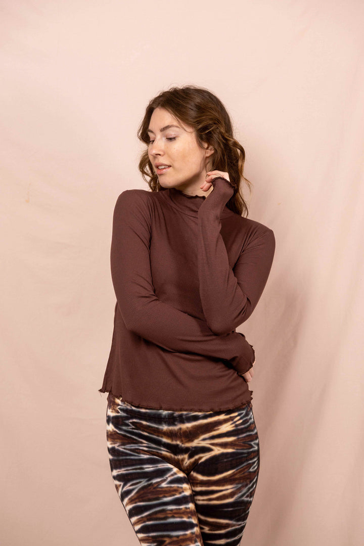 Wintertop, Braun, Stehkragen, Rollkragen, Wintersport, Feinrip Langsleeve