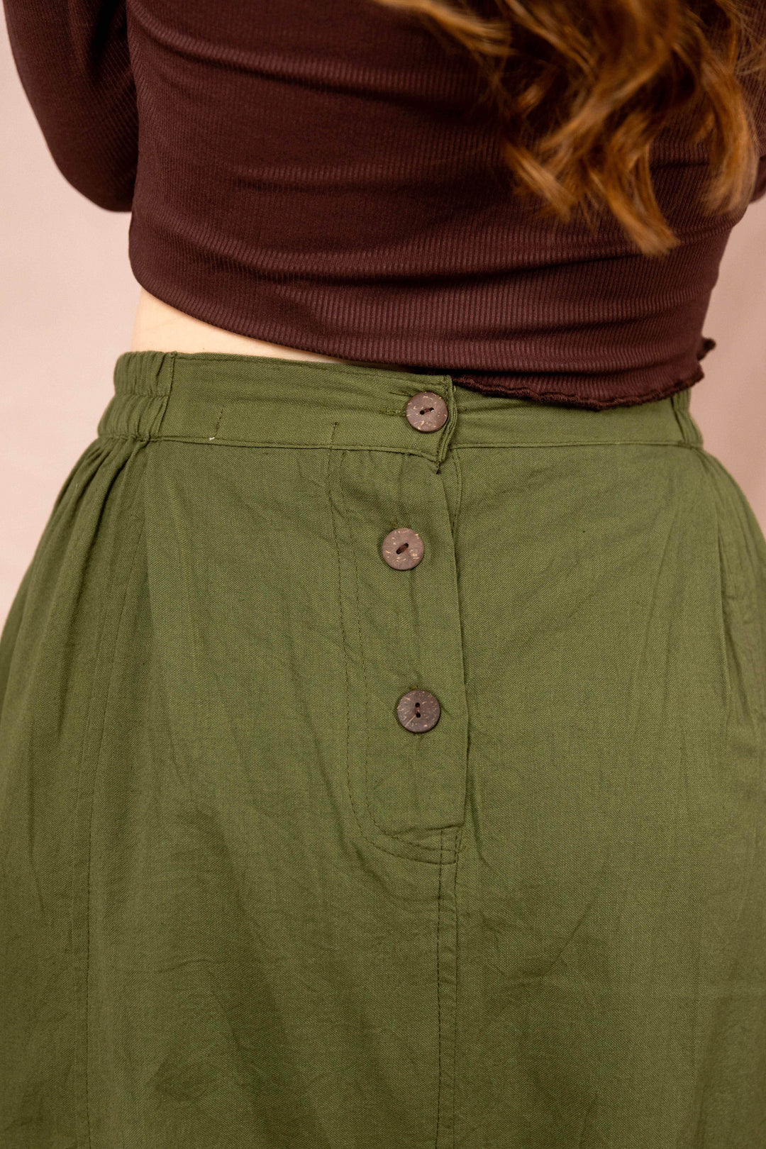 Sommerrock, Mittel Langer Frühlingsrock mit Knöpfen, Vintage Rock in Grün mit Taschen, 100% Baumwolle