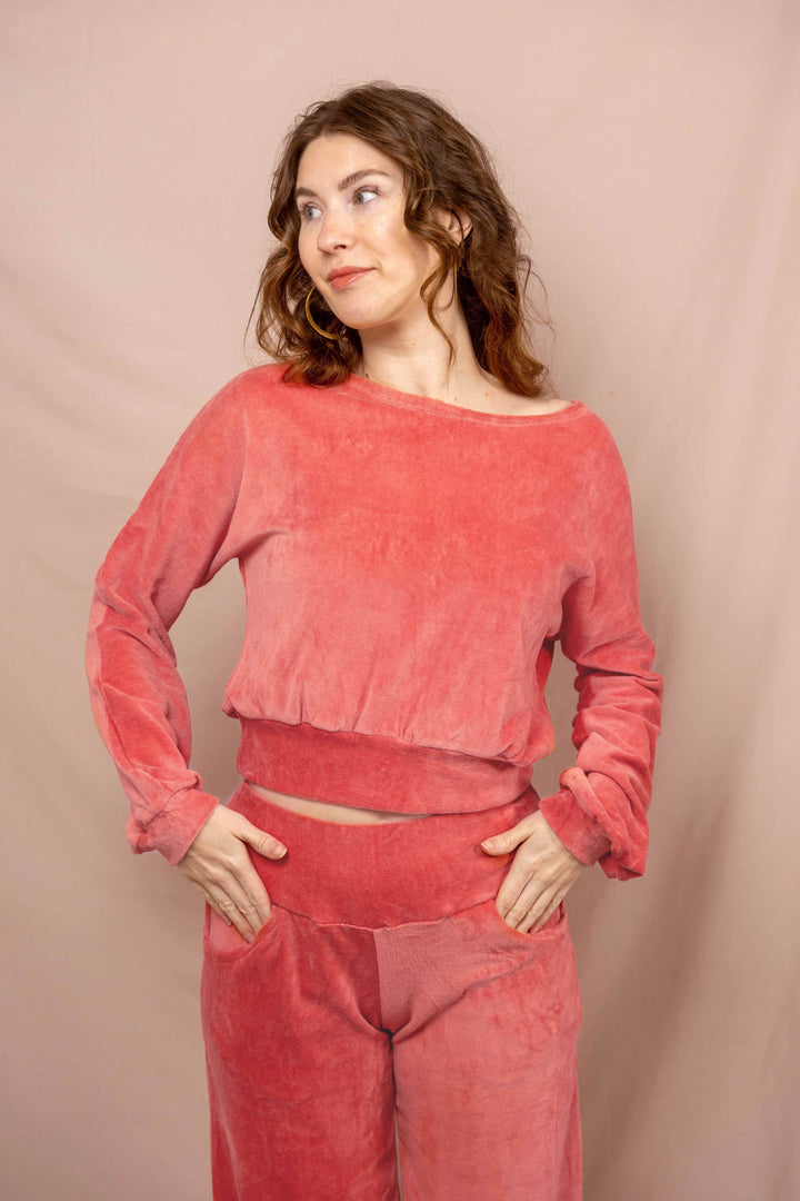 Samthose, Jogginghose in Rosa, mit Taschen,  Bequeme lockere Hose aus samt, sehr weich, 100% Baumwolle, weiche Baumwollhose, Set mit Oberteil