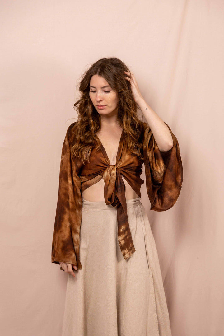 Lässiges Batik Wickeltop, Vintage Wickelbluse, Bluse zum Wickeln, Braunes Top mit langen Ärmeln