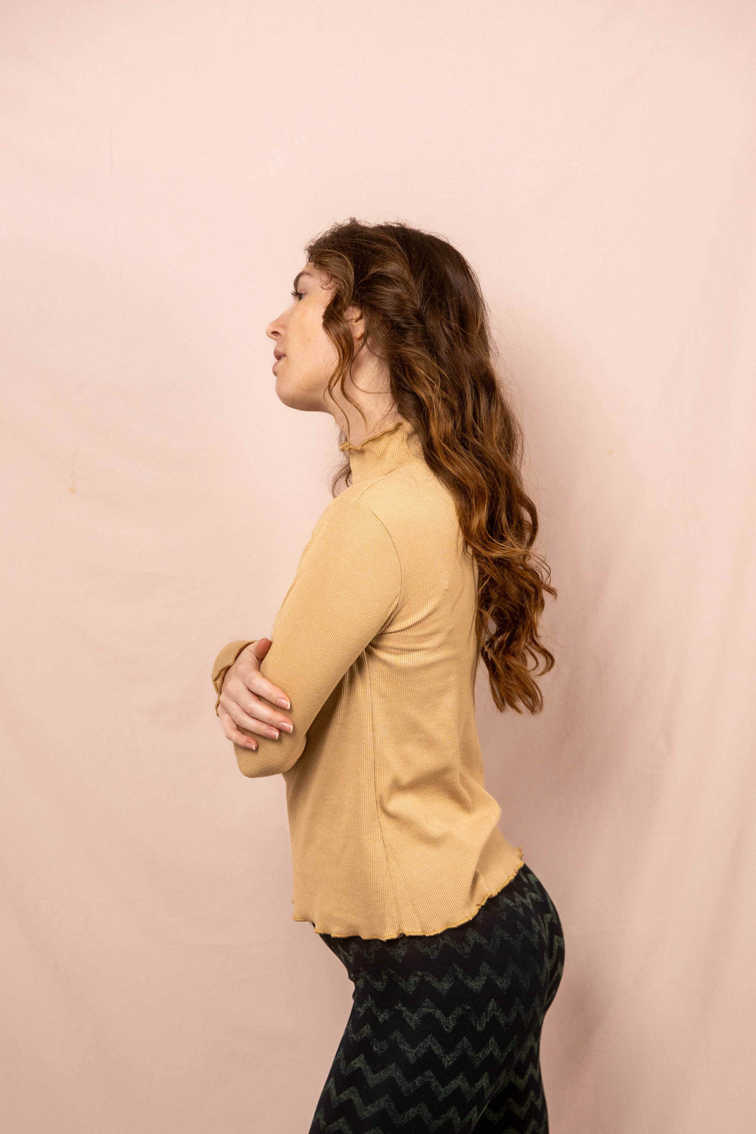 Wintertop, Beige, Stehkragen, Rollkragen, Wintersport, Feinrip Langsleeven, Langärmliges Shirt