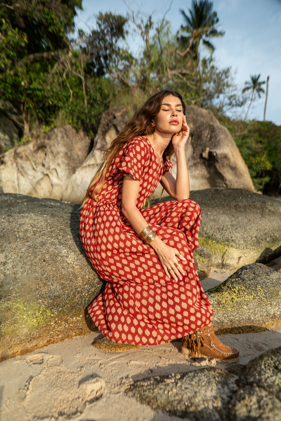 Langes Blockprint-Keid ANEETA, Sommerkleid, Maxikleid mit kurzen Ärmeln in Rot, Vintagekleid, Urlaubskleid, Strandkleid, knallige Farben