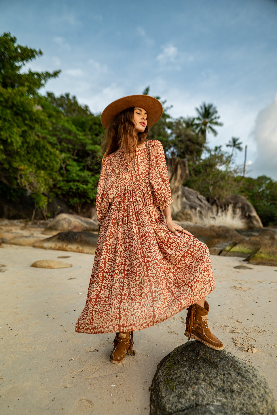 Langes Blockprint-Kleid MAYA, Langes Blockprint-Keid ANEETA, Sommerkleid, Maxikleid in Rot, Vintagekleid, Urlaubskleid, Strandkleid, 