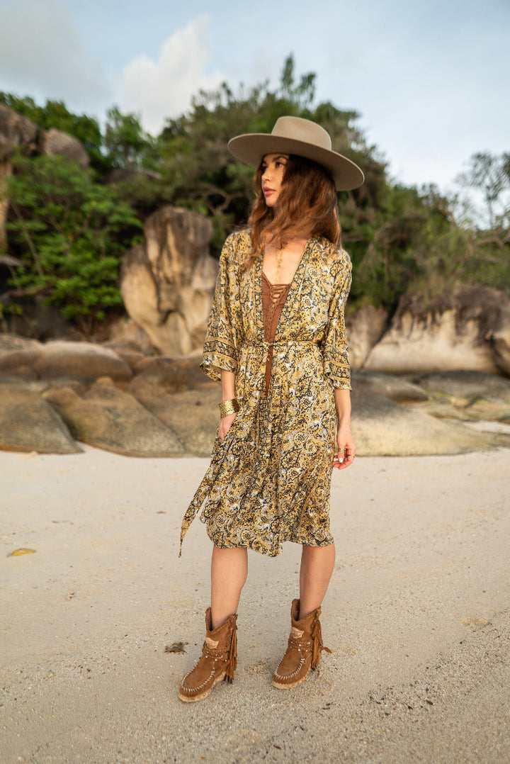 Vintage Kimono, Paisley Muster, Gelb Beige, Morgenmantel, Bademantel