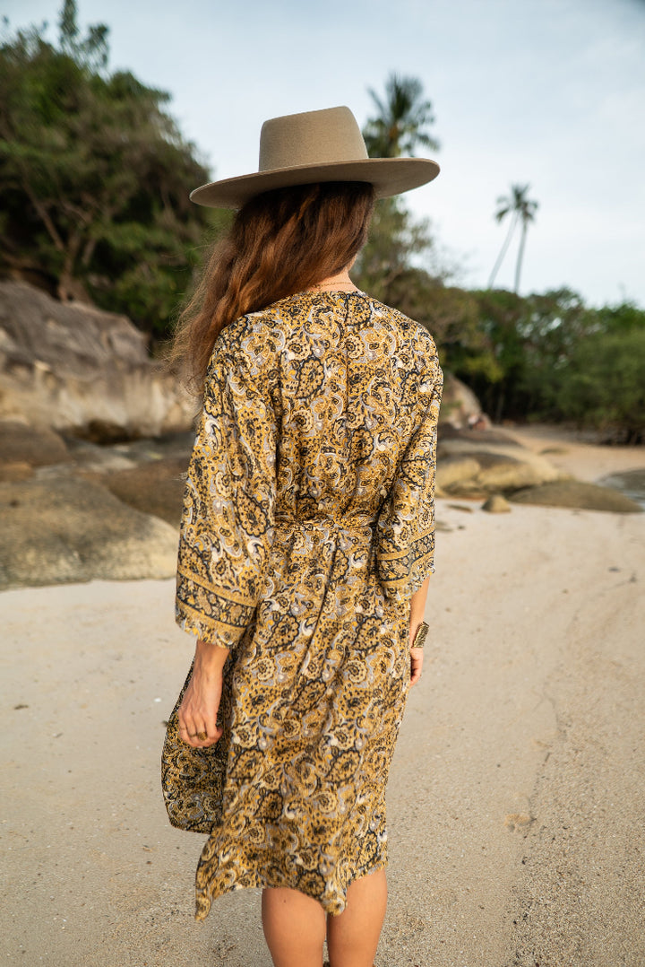 Vintage Kimono, Paisley Muster, Gelb Beige, Morgenmantel, Bademantel