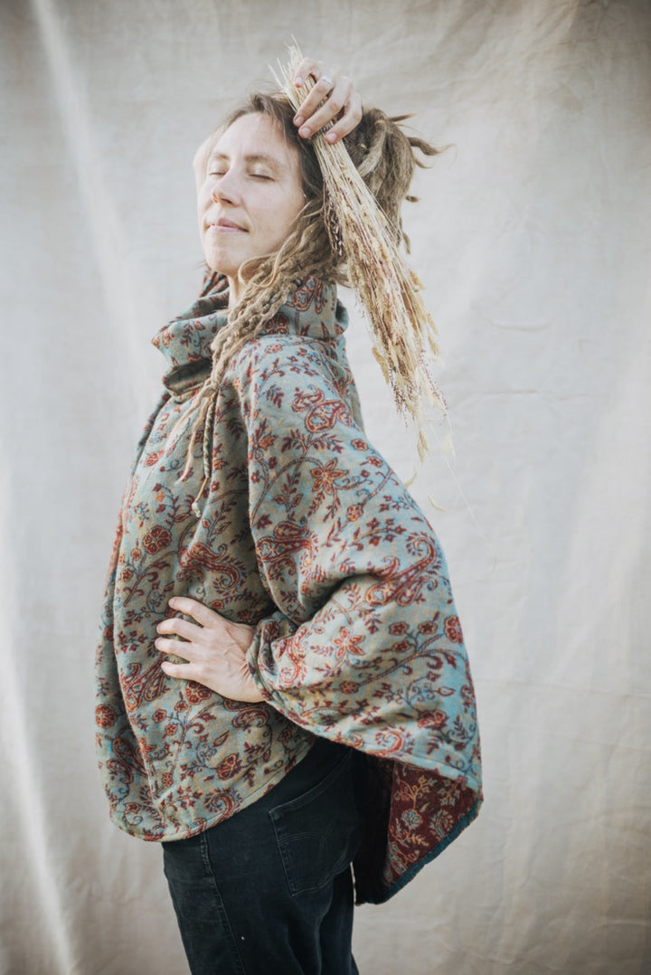 Cozy poncho FLORA | for women | turquoise/orange/red | warm throw