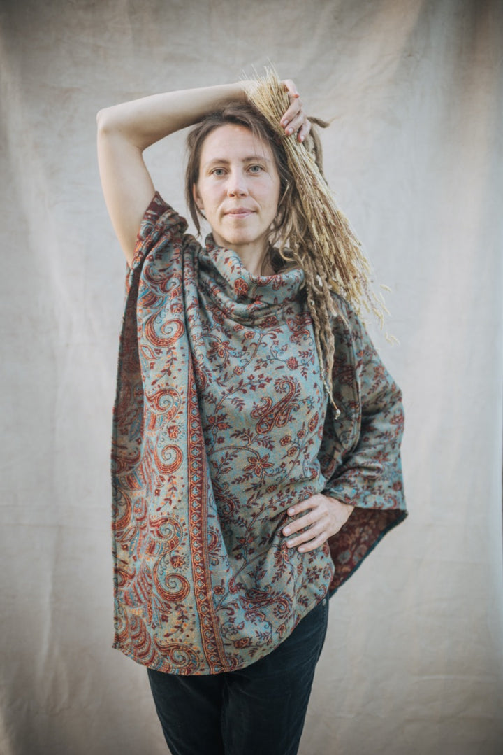 Cozy poncho FLORA | for women | turquoise/orange/red | warm throw