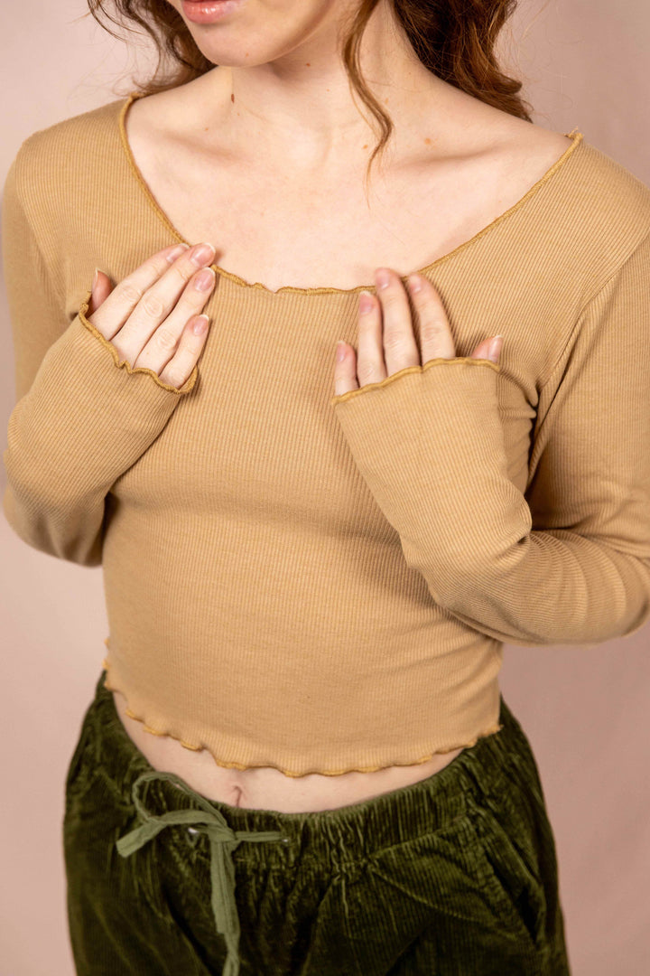 Feinripp Shirt, Longsleeve Top, Langärmlig in Beige
