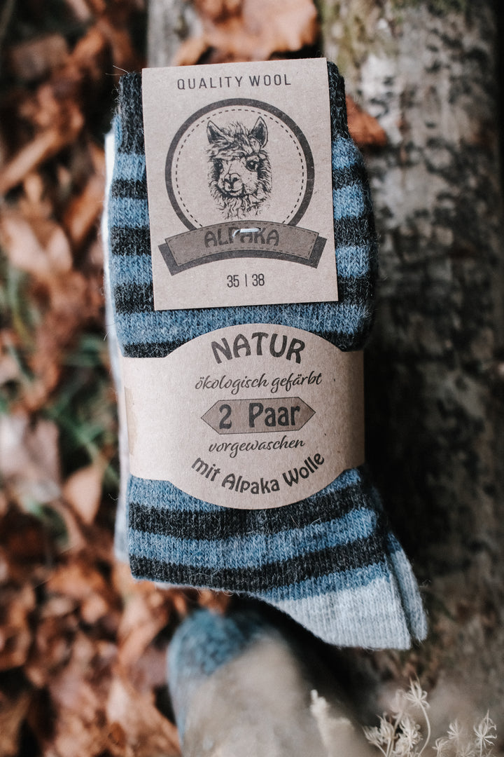 Superwarme Alpaka Socken gestreift blau/grau ~ 2 Paar