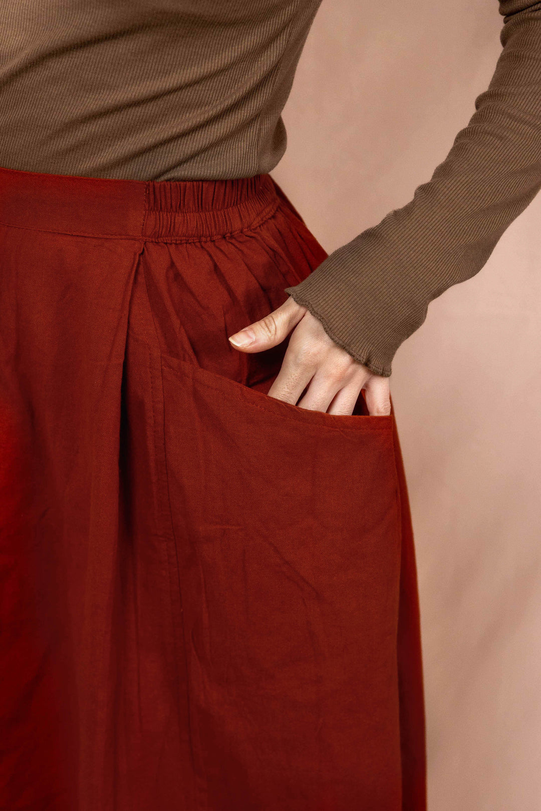 Sommerrock, Langer Frühlingsrock mit Knöpfen, Vintage Rock in Rost Rot mit Taschen, 100% Baumwolle