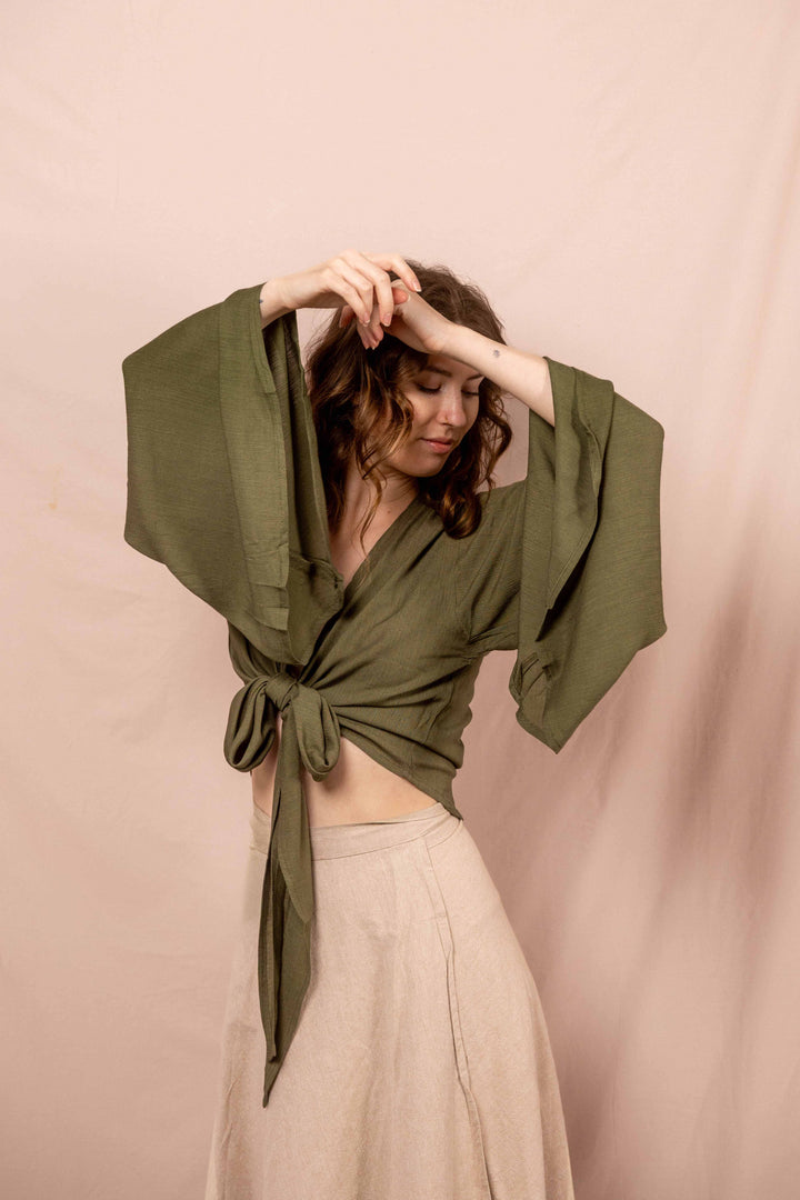 Lässiges Batik Wickeltop, Vintage Wickelbluse in Grün, Bluse zum Wickeln, Top mit langen Ärmeln