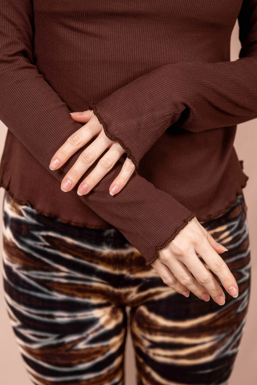 Wintertop, Braun, Stehkragen, Rollkragen, Wintersport, Feinrip Langsleeve