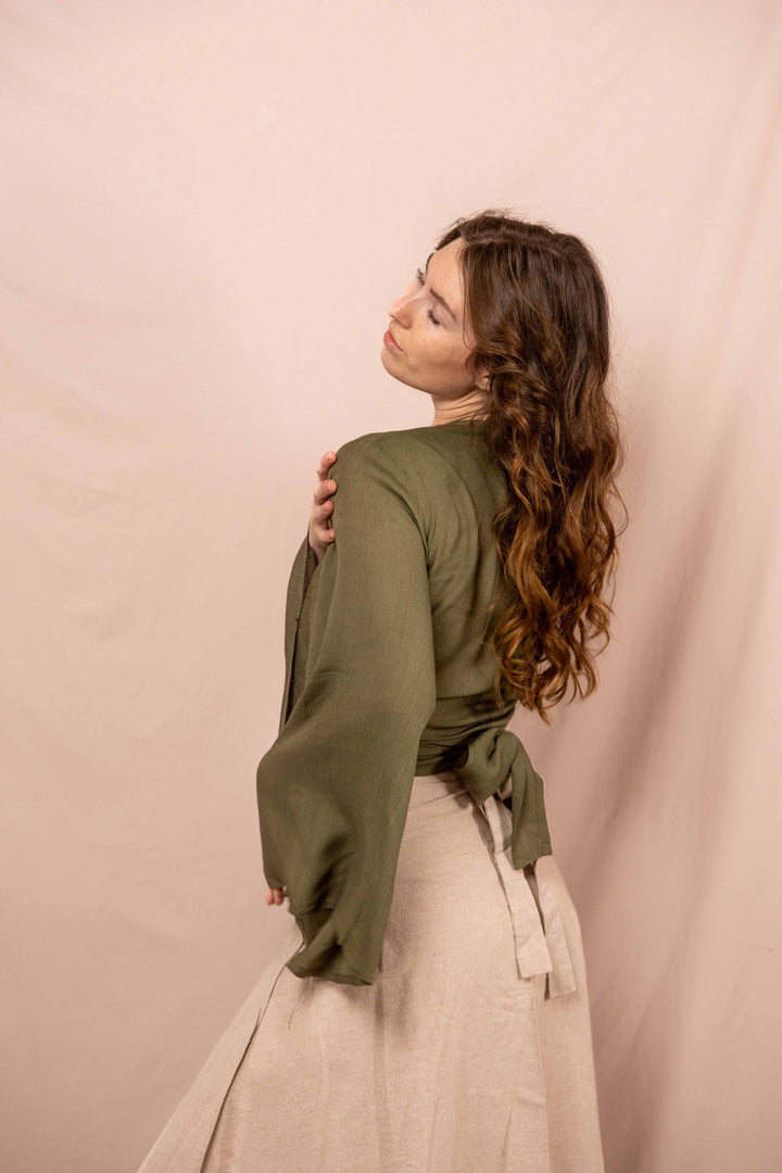 Lässiges Batik Wickeltop, Vintage Wickelbluse in Grün, Bluse zum Wickeln, Top mit langen Ärmeln