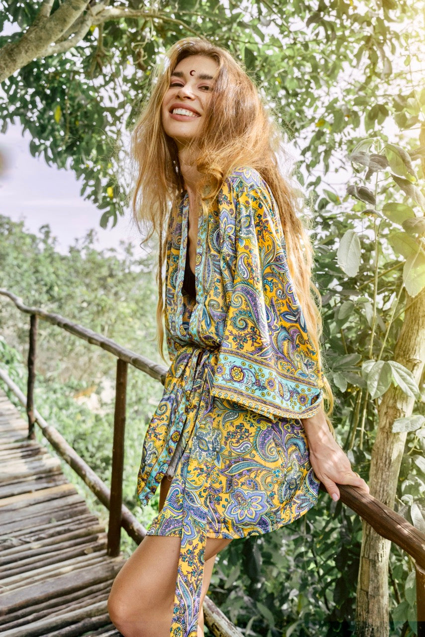 Kurzer Kimono MINA | Morgenmantel aus Seide | Gelb-Türkis