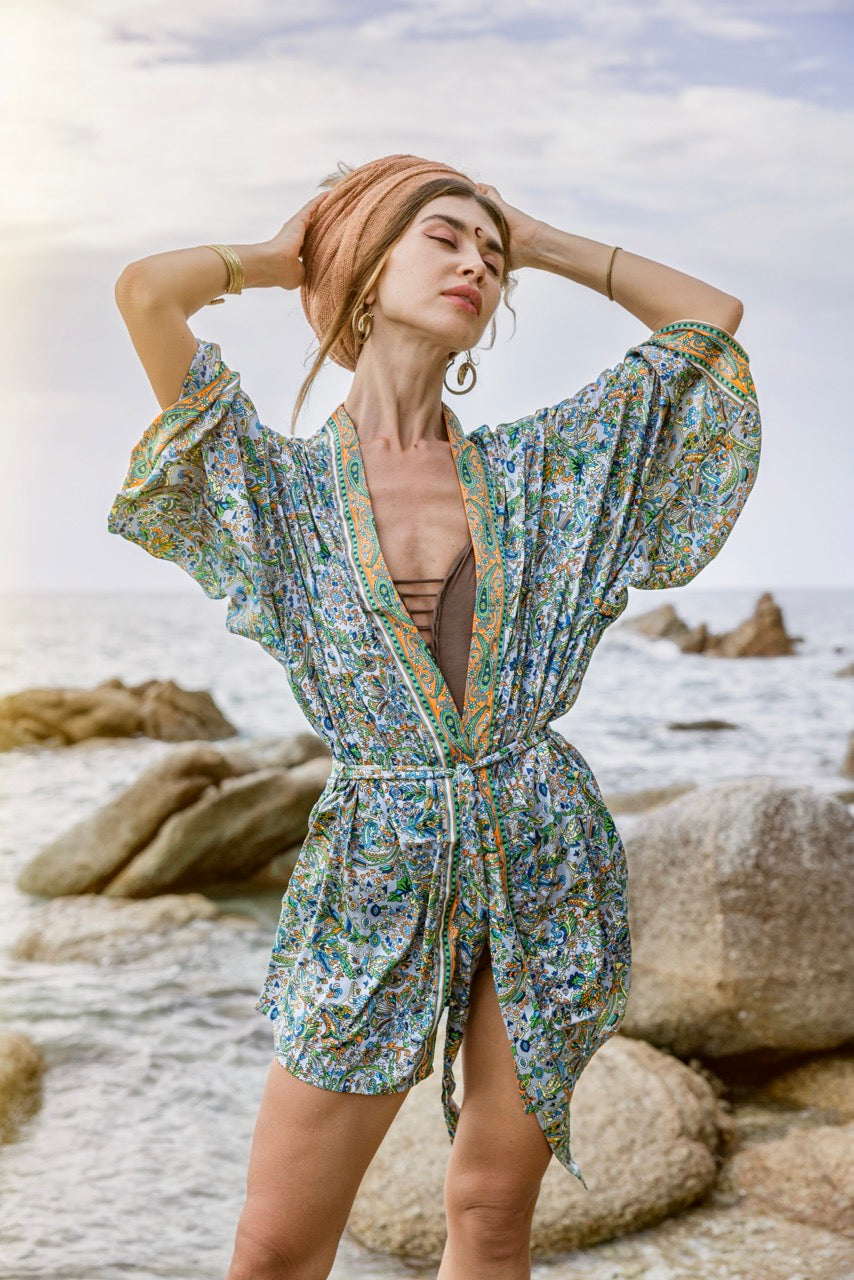 Kurzer Kimono LUA | Morgenmantel aus Seide | Grün-Orange