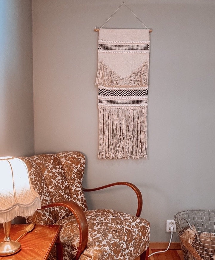 Boho Wandbehang | Wandteppich | Weiß-Schwarz | Makrame