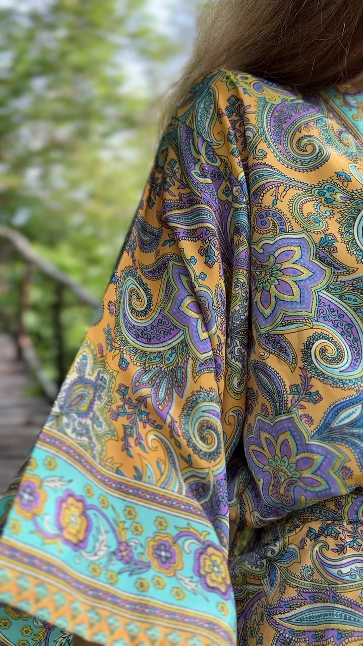 Kurzer Kimono MINA | Morgenmantel aus Seide | Gelb-Türkis