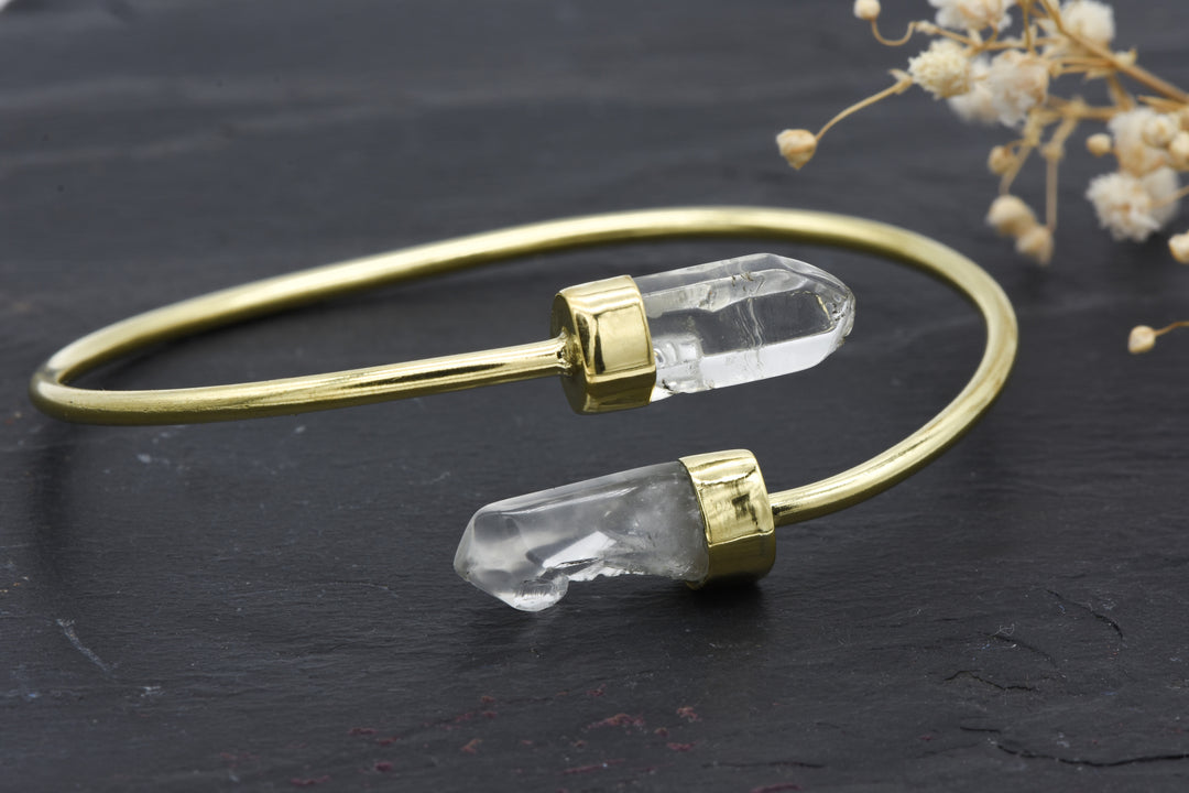 Adjustable boho bangle crystal | Brass | Bracelet with mountain crystal